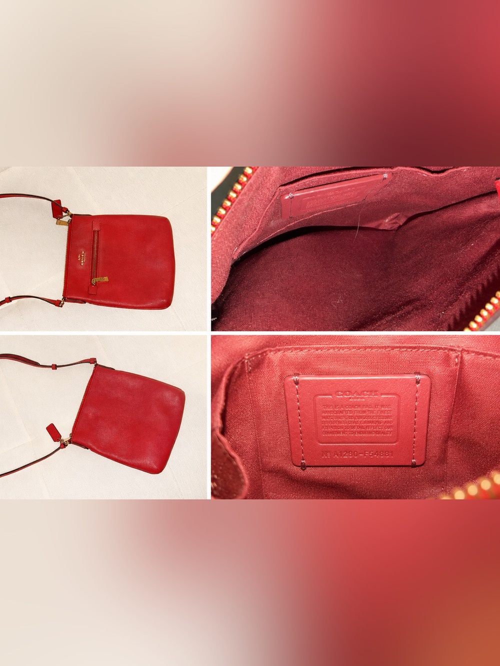 Coach Red Saffiano Leather Crossbody Bag Gold Hardware Adjustable Strap - Picture 5 of 5